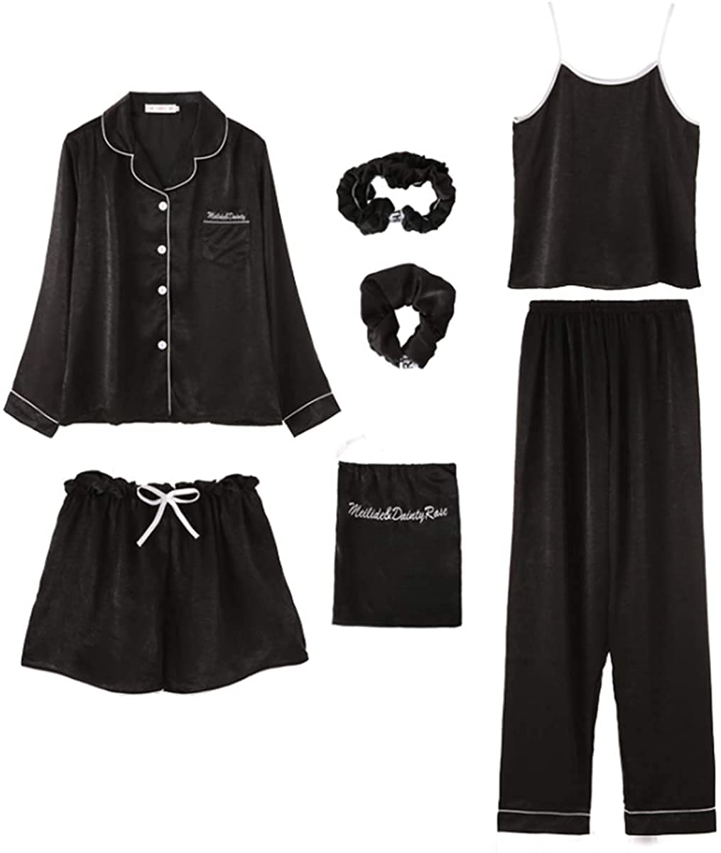 

Unifizz Сатиновая пижама с длинным рукавом, милый свободный топ-майка и идеальная для и стильная пижама для женского комплекта размера M, набор из 7 предметов, с открытой передней частью