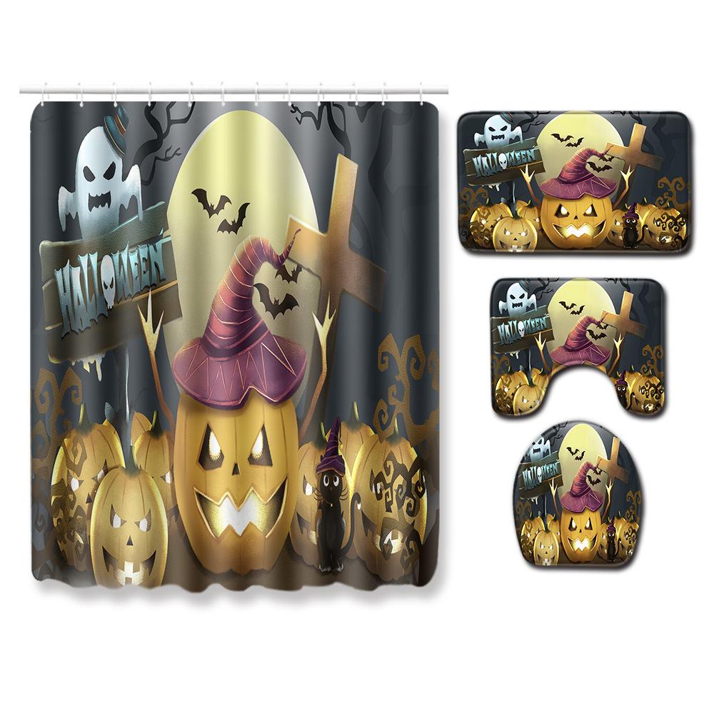 Halloween Shower Curtain Floor Mat Combination Four-Piece Set Bathroom Toilet Carpet Shower Room Foot Mat
