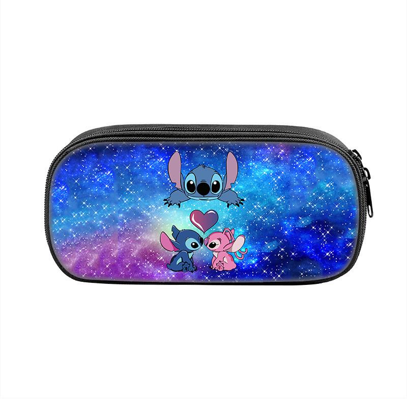 Stitch Pencil Case With Dual Zipper Polyester Storage For Kids And Students