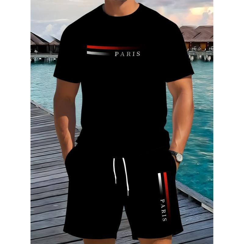 Sommer Herren Paris Print Kurzarm T-Shirt & Shorts Set Rundhals Farbverlauf Kurzarm Damen T-Shirt Shorts Set