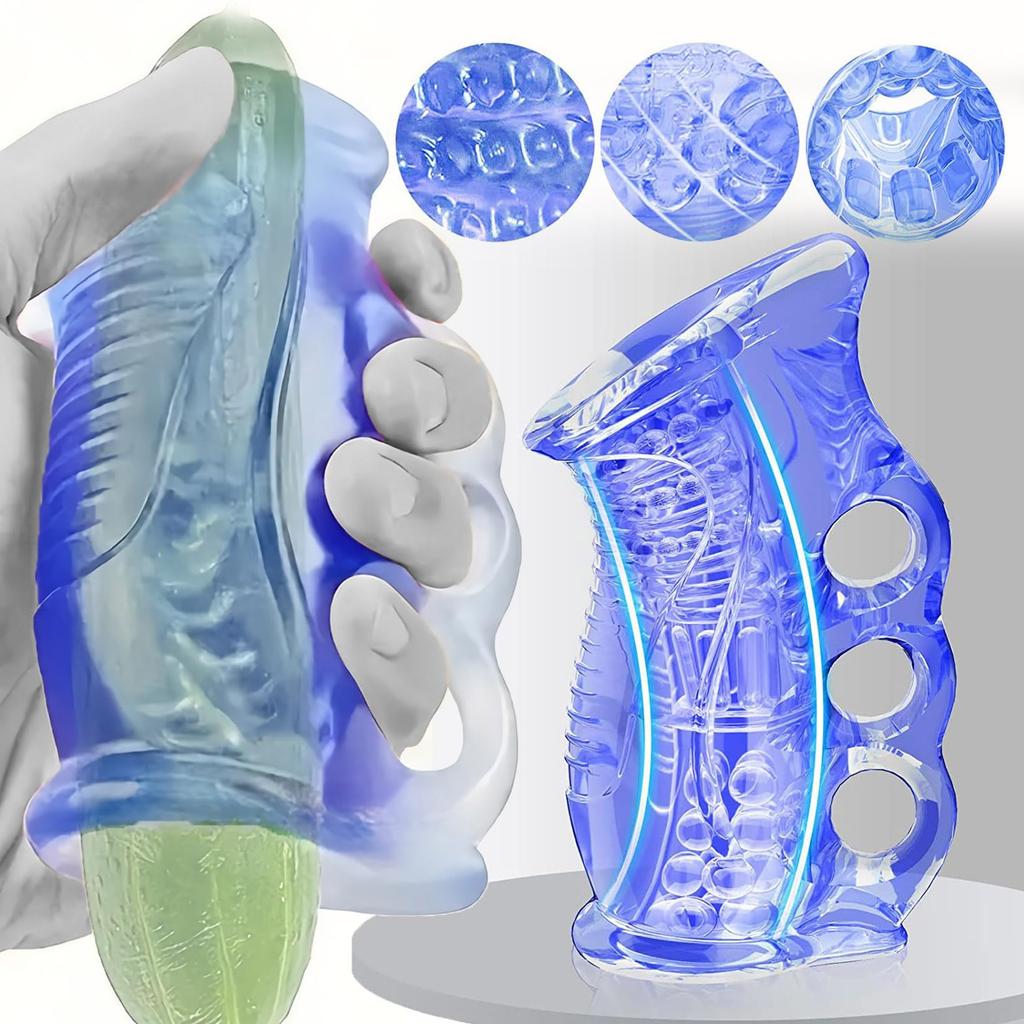 Orirya Reusable and Washable Penetrating Adult Toy for Soft TPE Masturbator with 3 Finger Blue Masturbator, Type, Men, Holes,
