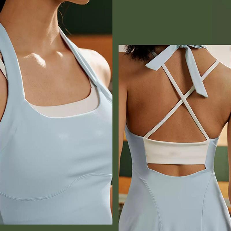 Womens Sporty Halter Neck Tennis Dress With Built-in Bra Pad Colorblock Bow Detail Activewear Running Yoga