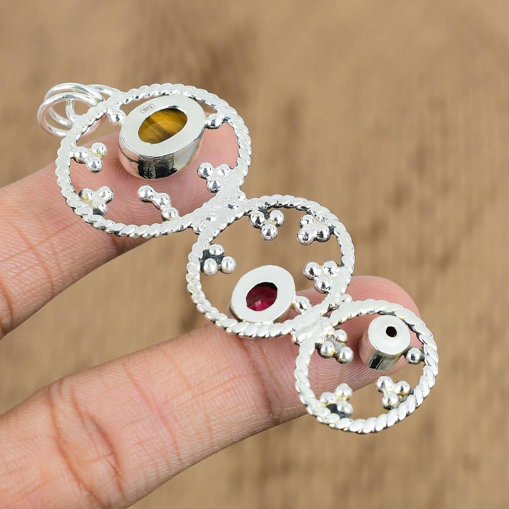 Oval Tiger's Eye Stone Mozambique Garnet Anniversary Pendant 925 Sterling Silver