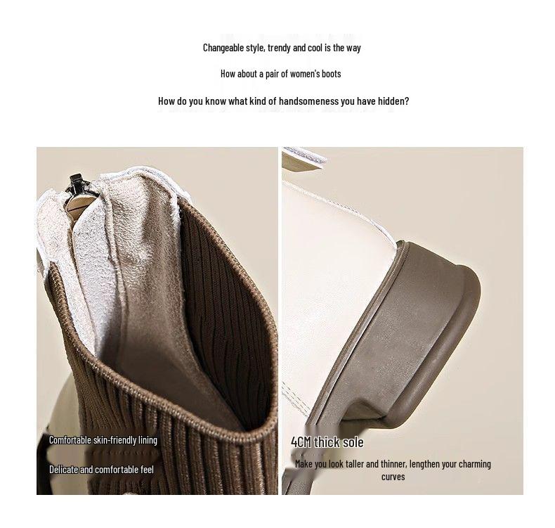 Women's Autumn/Winter 2025 British Style Real Leather Skinny Sock Boots with Back Zipper