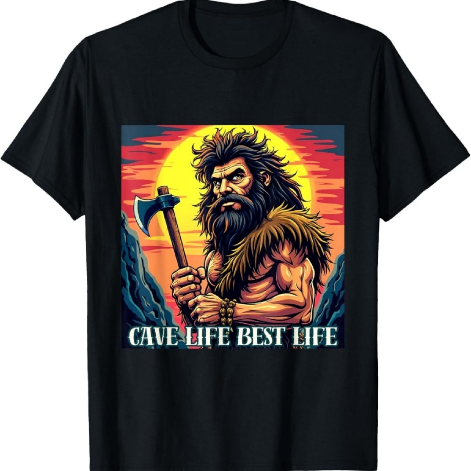 

Cave Life Best Life Funny Caveman Sunset Stone Age Wear T-Shirt S