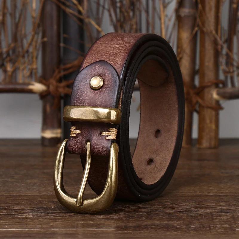 Unisex 3.3cm Men and Women Real Genuine Leather Vintage Belt Female Luxury Copper Buckle Belt Male High Quality Jeans Strap