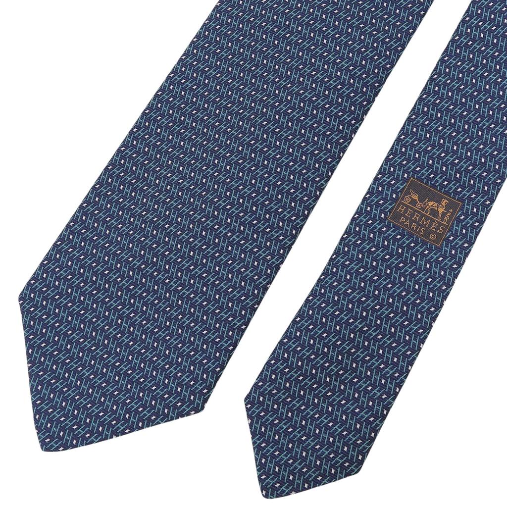 Pristine HERMES Tie H Logo Total Pattern Green Silk Mens 659254T Used