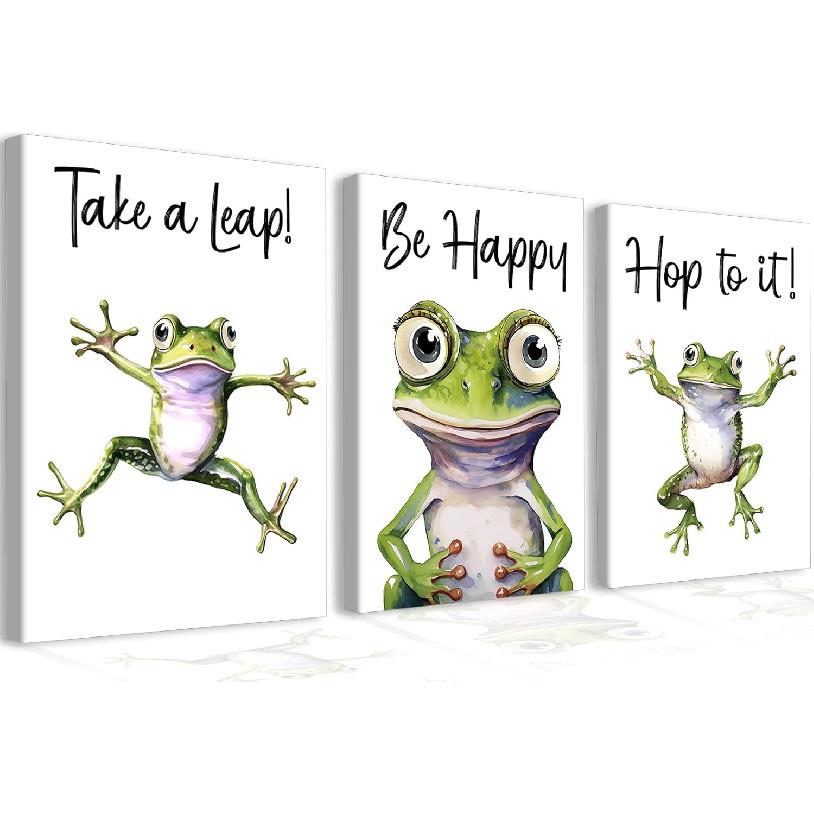 GMLXCX Funny Frog Bathroom Decor Wall Art, Cute Frog Sitting on Toilet Decor Art Poster, Funny Bathroom Sign Canvas Print Set of 3 (8''x10'',