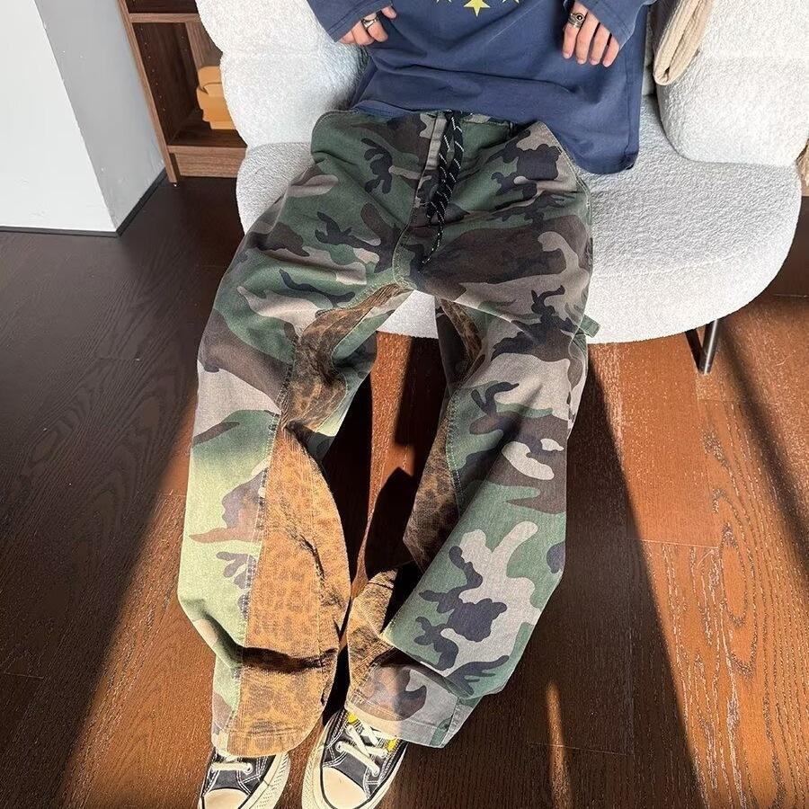 European and American trendy brand splicing camouflage tooling casual pants men's slim straight elastic washed versatile trousers autumn new models