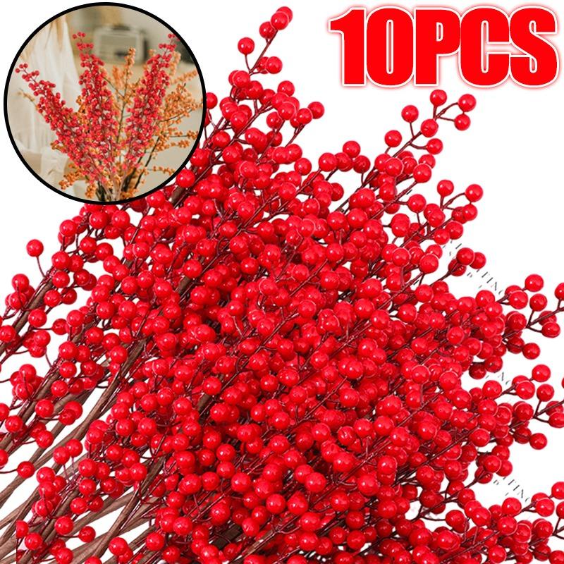 1/10PCS Artificial Red Berry Flowers Bouquet Fake Plant for Home Vase Decor Xmas Tree Ornaments New Year Party Christmas Decor