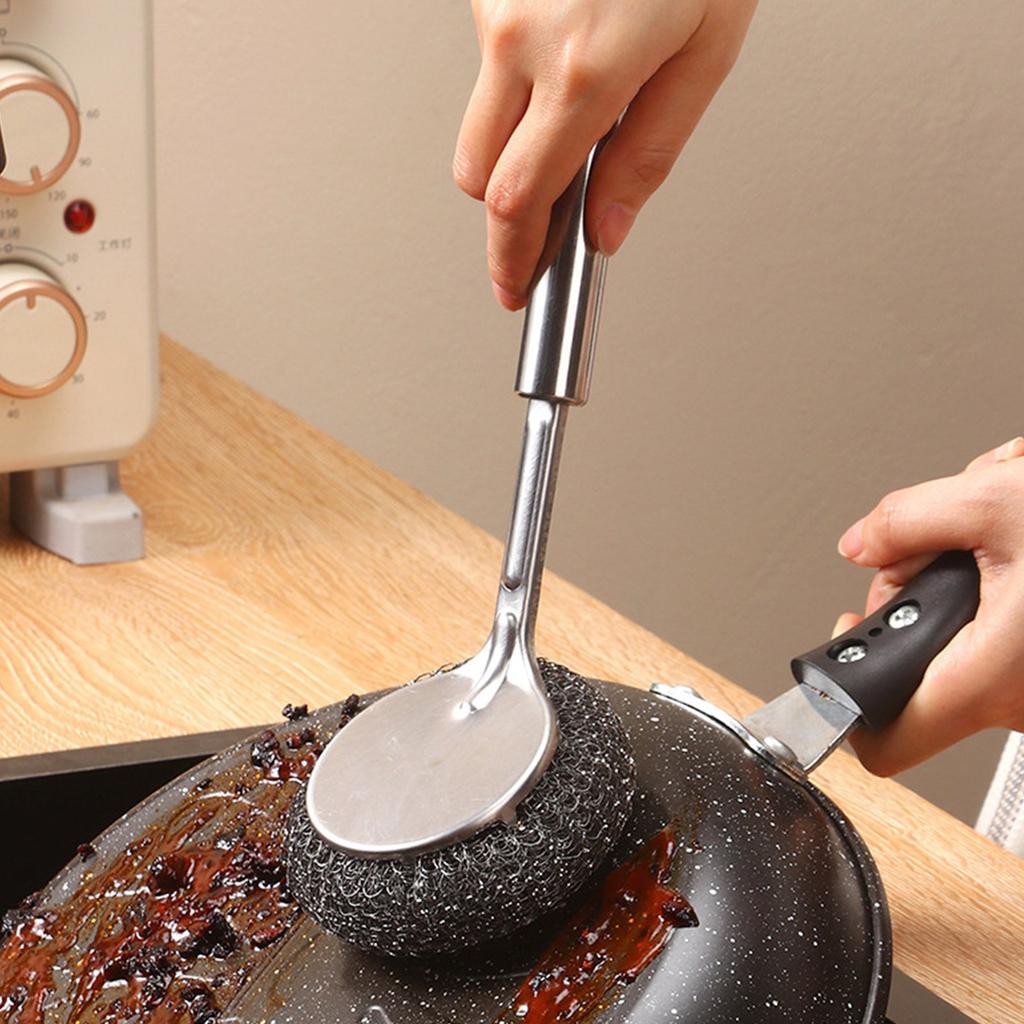 Stainless Steel Wool Scrubber with Handle Pot Scrubbers Dish Scrubber Cleaning Brush Stainless Steel Scrubbing Brushes