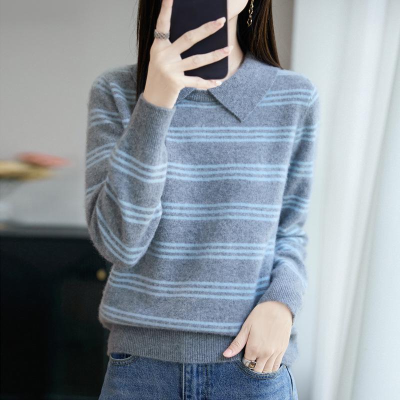 Small Lapel Color Block Stripe Wool Sweater - Autumn/Winter Long Sleeve Slim Fit Pullover for Women