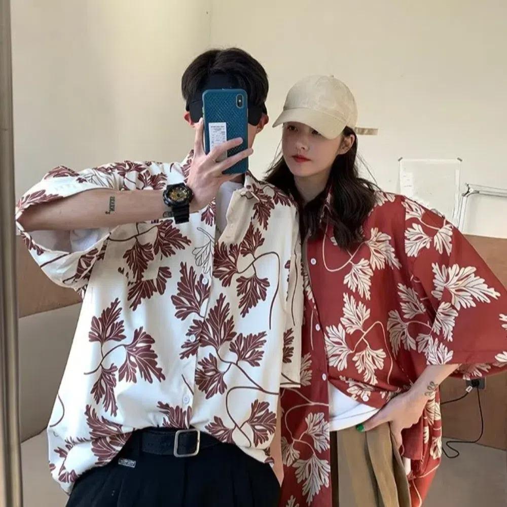 

Ice Silk Unisex Рубашки с коротким рукавом Свободные блузки для пар с цветочным принтом Одежда для пар Футболка для отпуска XXXL белый