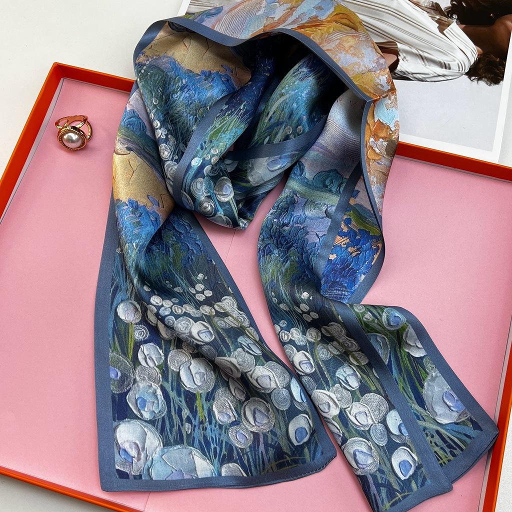 Oil Painting Blue Silk Long Silk Scarf Women'S Shirt Scarf Mulberry Silk Scarf Mother'S Day Gift