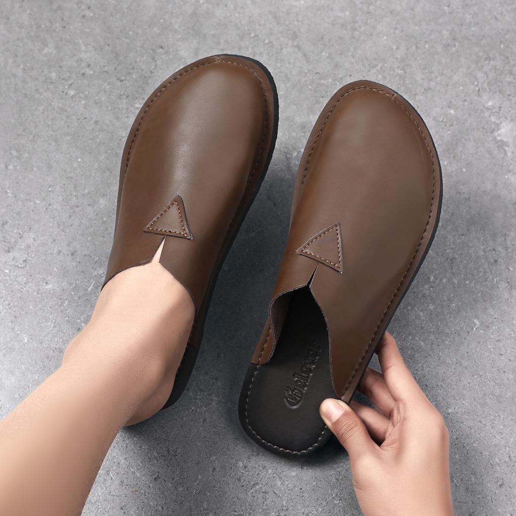 Fashion 2025 New Slip on Casual Shoes Summer Men's Sandals Outdoor Beach Leather Slippers Open-toe Flats All-match Men's Muller Shoes