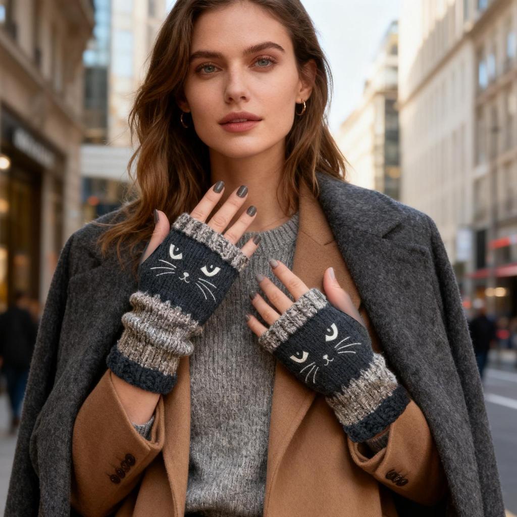 Strick Fingerlose Handschuhe Katze Stickerei Outdoor Wärmezubehör Warme Offene Fingerhandschuhe für Katzenliebhaber Frauen Mädchen Damen Mütter