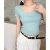 Black sexy low-neck collarbone-exposed short-sleeved T-shirt for women in summer, slim and slim, short commuter chic top