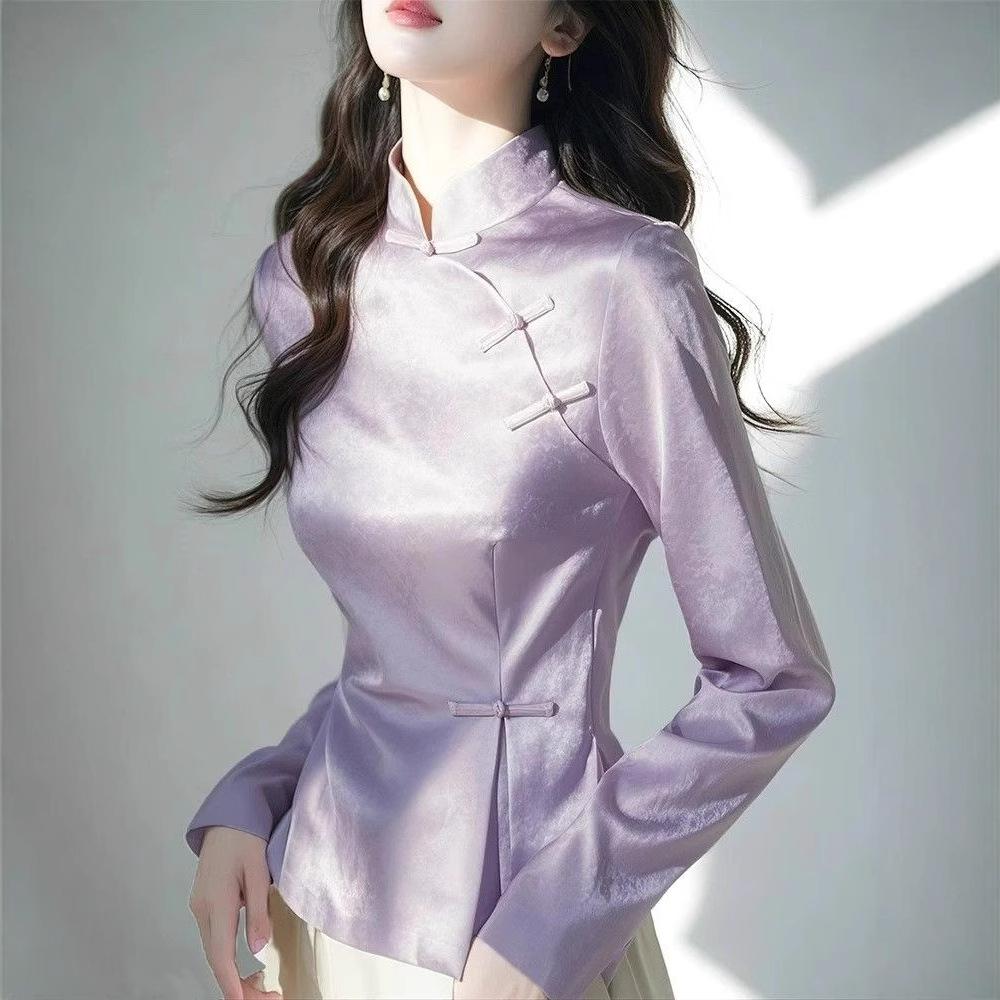 2025 Early Spring Purple Satin Women’s Cheongsam Top with Frog Buttons: Modern Chinese High-End Style