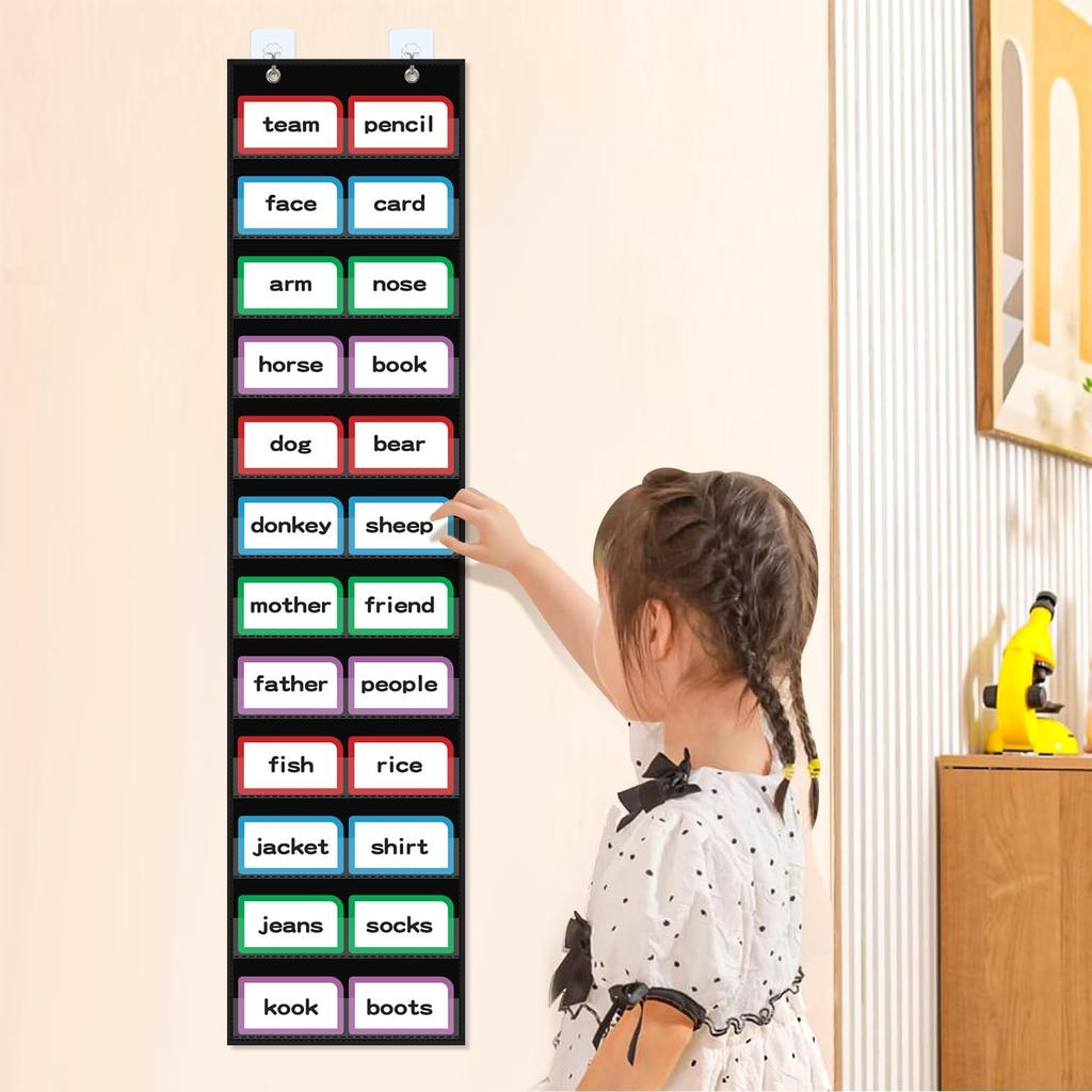 10”W x 48.25”H Classroom Words Pocket Chart with 12 Clear Pockets, Black Standard Pocket Chart for Classroom and Home for Sentence Strips, Reble