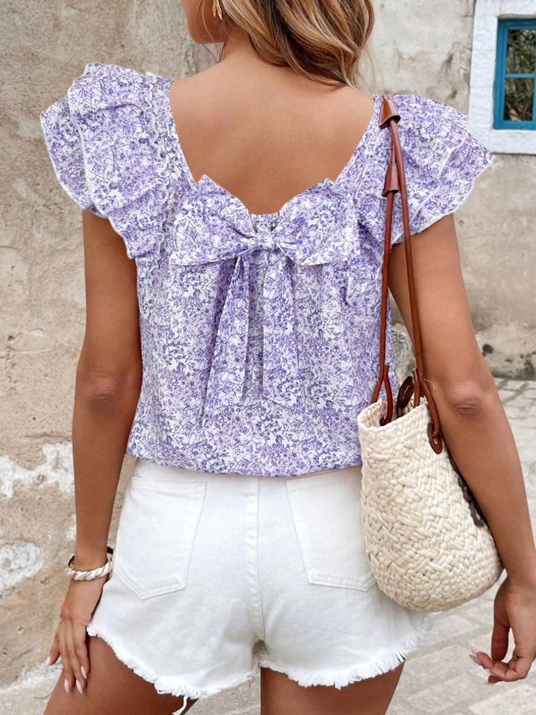 Women's Printed Summer Fashion Back Bow Tiered Ruffled Short Sleeve Shirt
