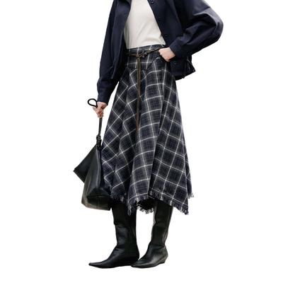 Xiangying Irregular Plaid Wool Blend A-line Skirt
