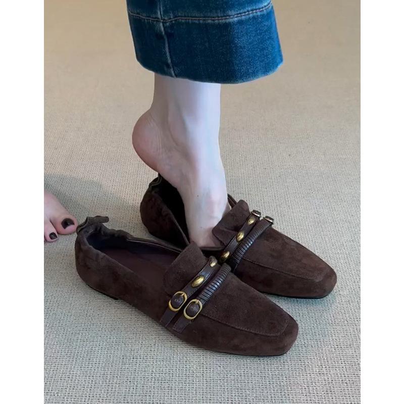 

Sheepskin version~ British style retro square head one-pedal loafers women s commuting versatile leather comfortable flat shoes 35