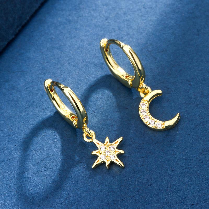 925 Silver CZ Star Moon Asymmetric Hoop Earrings for Women Gold Silver Stars Moon Circle Earrings Party Jewelry Gifts