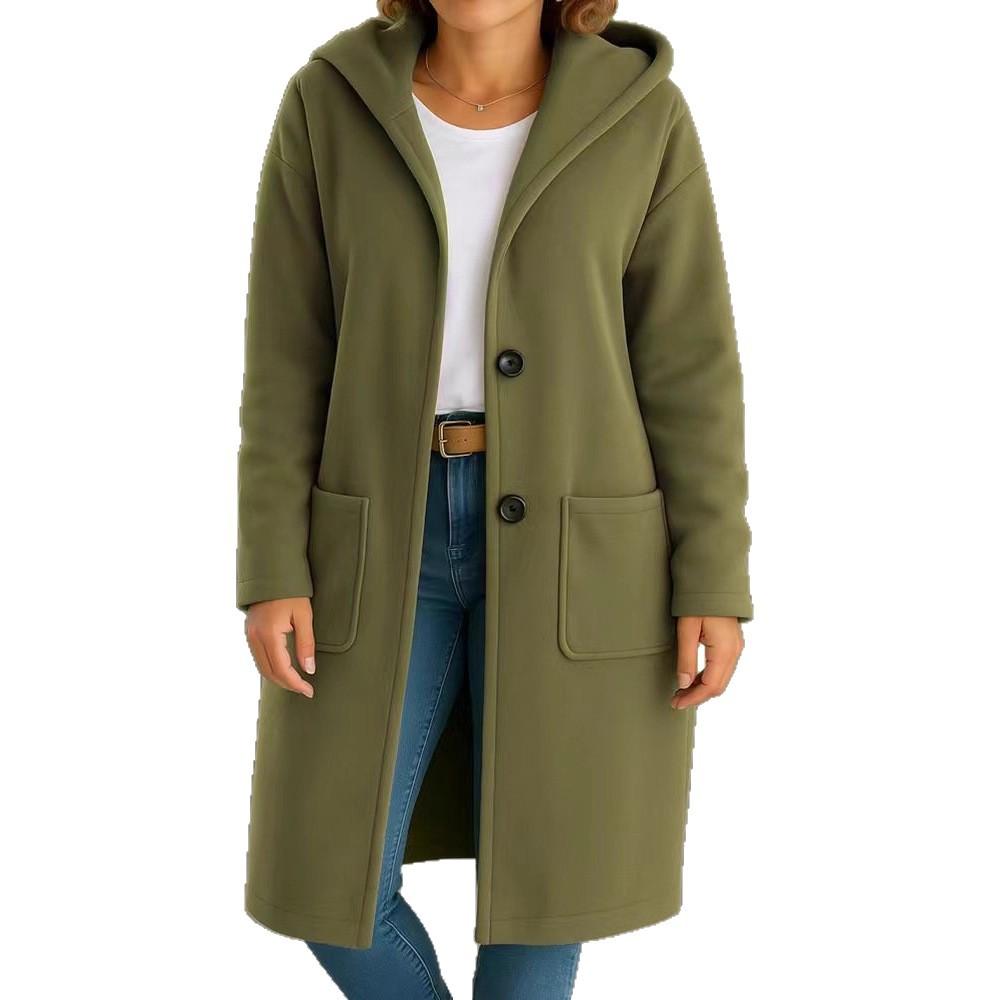 

2025 Нова Жіноча Осінньо-Зимова Проста Вовняна Куртка з Довгим Рукавом на Ґудзиках і Капюшоном Жіночий Вітрівник XXXL