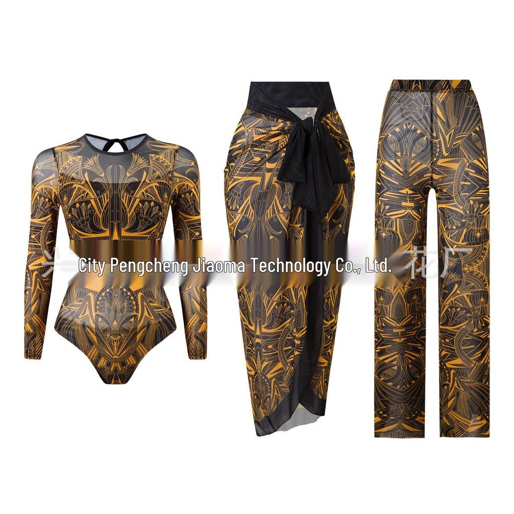 Women's Three-Piece Set: One-Piece Long-Sleeved Sun Protection Swimsuit with Mesh Long Pants