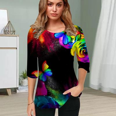 Womens Blouse 3D Dreamy Butterfly Printing Flower Half Sleeve Tops Summer Casual Tops Printed Round Neck Half Sleeve T Shirt