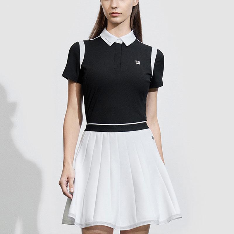 FILA Golf Color Block Knit Short Sleeve Polo Shirt Women tops Deep-Black A11W415103F-BK