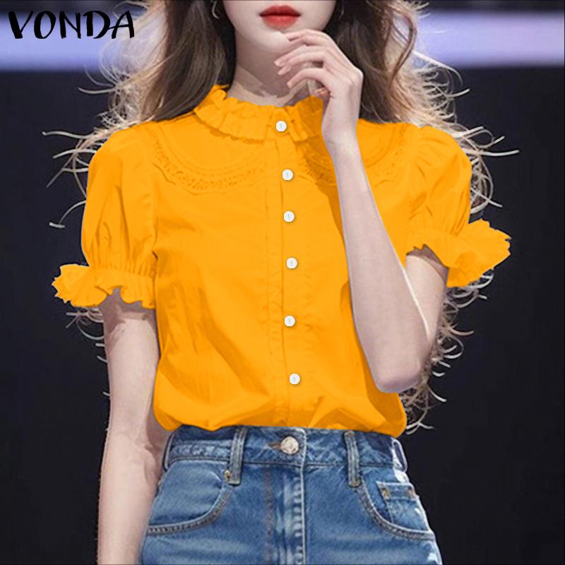 VONDA Elegant Women Blouse Casual Puff Sleeve V Neck Crochet Hem Ruffled Tops