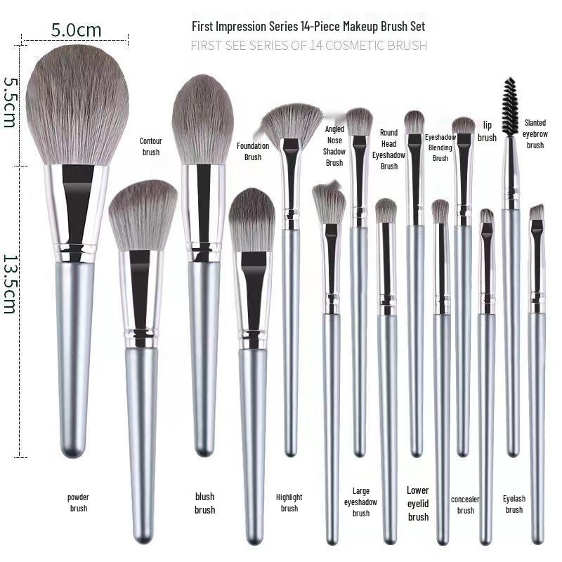 14-teiliges silbernes 'First Time We Met' Make-up Pinselset: Lidschatten, Puder, Rouge