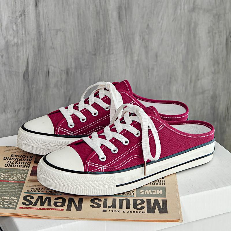 Fashion New Women Canvas Flat Shoes Half slipper Autumn Fashionable Lace Up Low Cut Women Round Toe Black White Canvas Casual Shoes