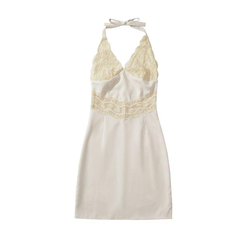 Kaslead New Women clothes Western Style Fashion Slim fit Lace Stitching Hanging Neck Short dress