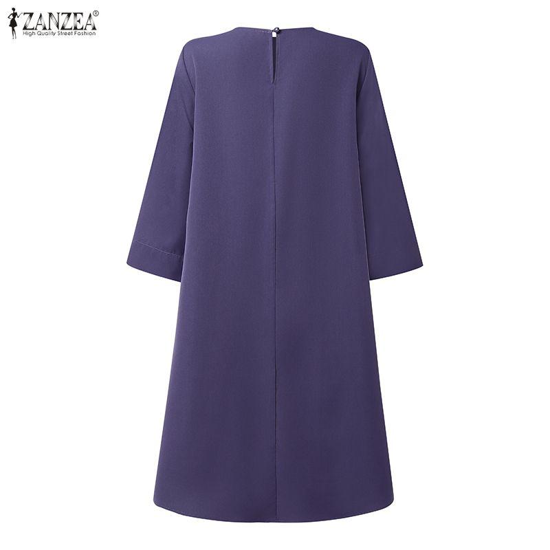 ZANZEA Women Casual Round Neck Solid Color 3/4 Sleeve Loose Dress