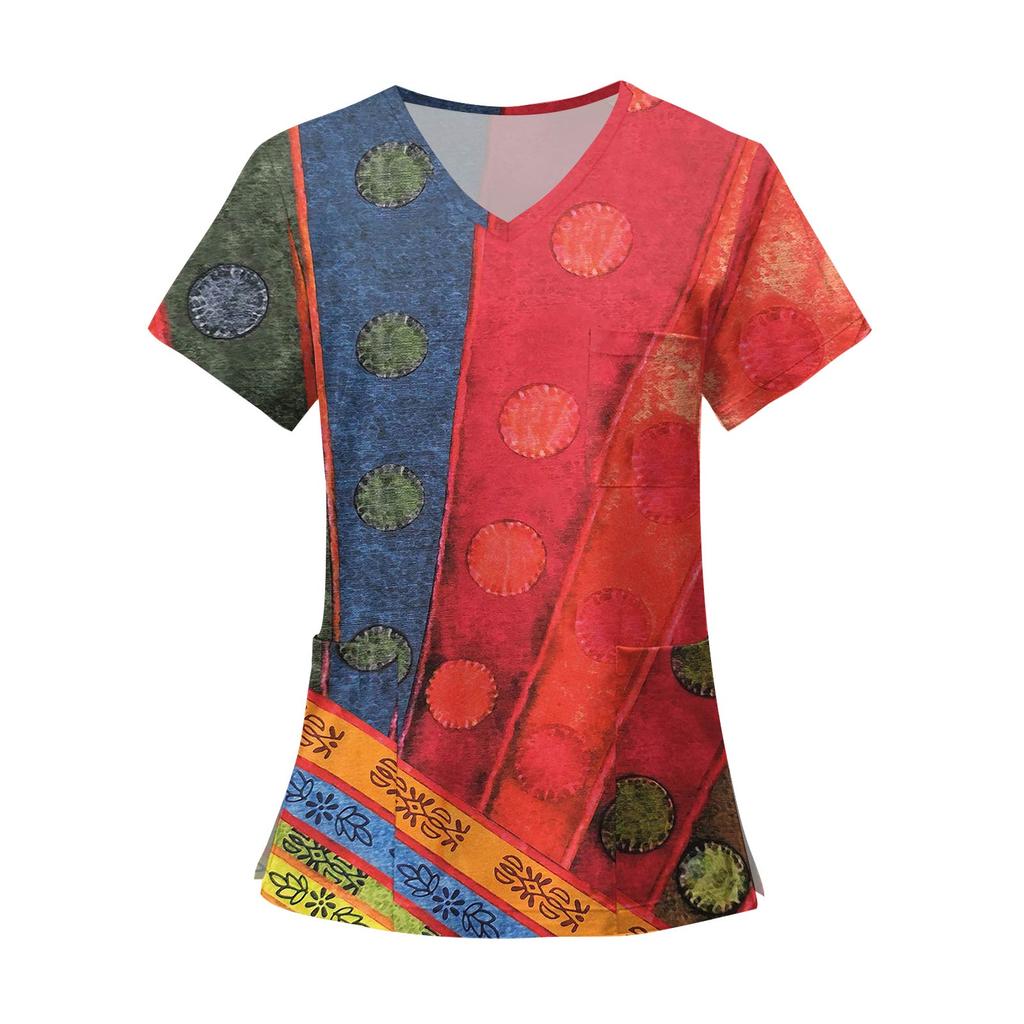 Women's Fashion Printed Short Sleeve V Neck Pattern Tops Pocket Working T-shirts