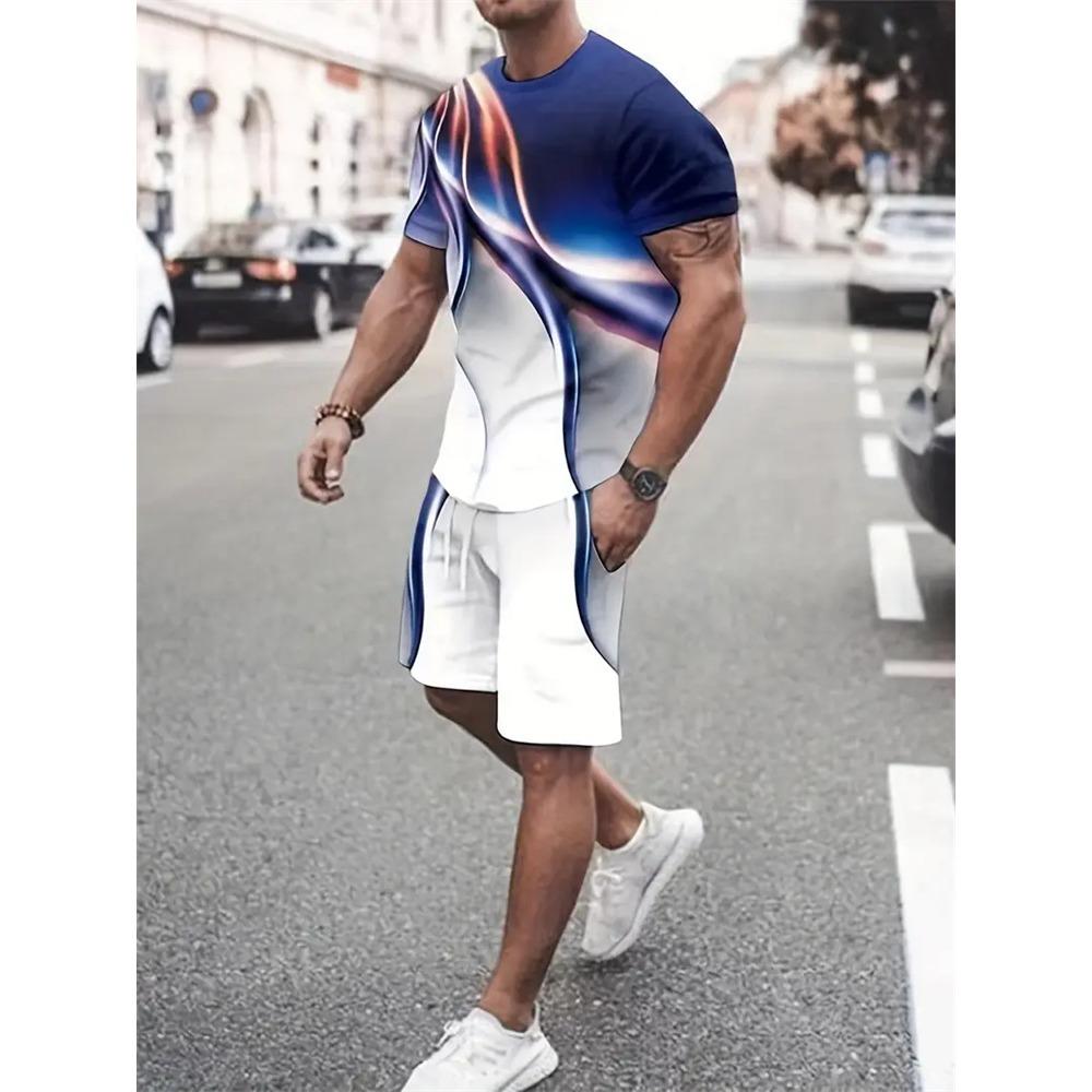 New Gradient Texture T-Shirt Men's Two-Piece Summer New Shorts Suit Fashion 3D Printing Street Casual Sportswear Men's Models