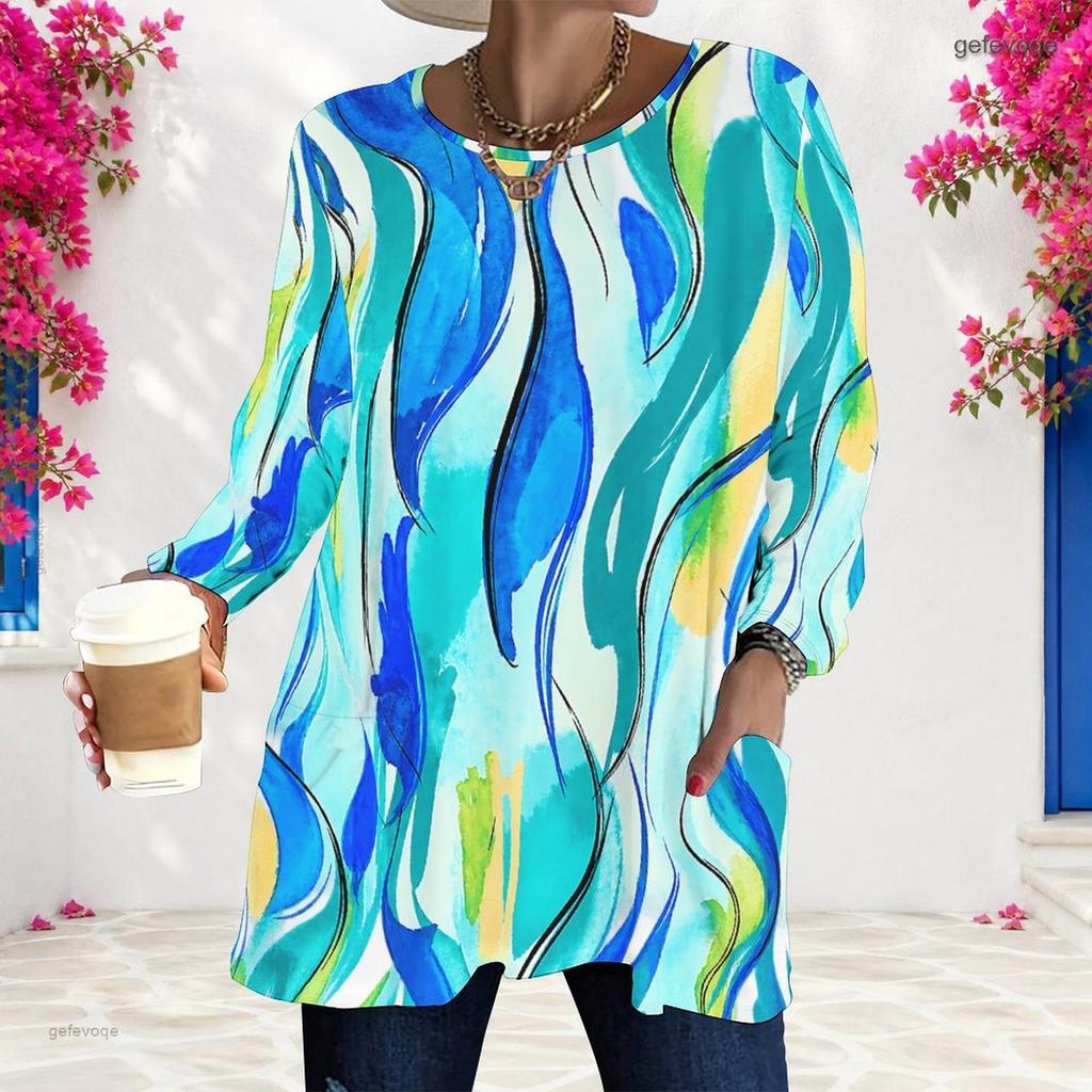 Women Plus Size Round Neck Printed Long Sleeve T Shirt Blue Brown Loose Fit Longline With Pockets