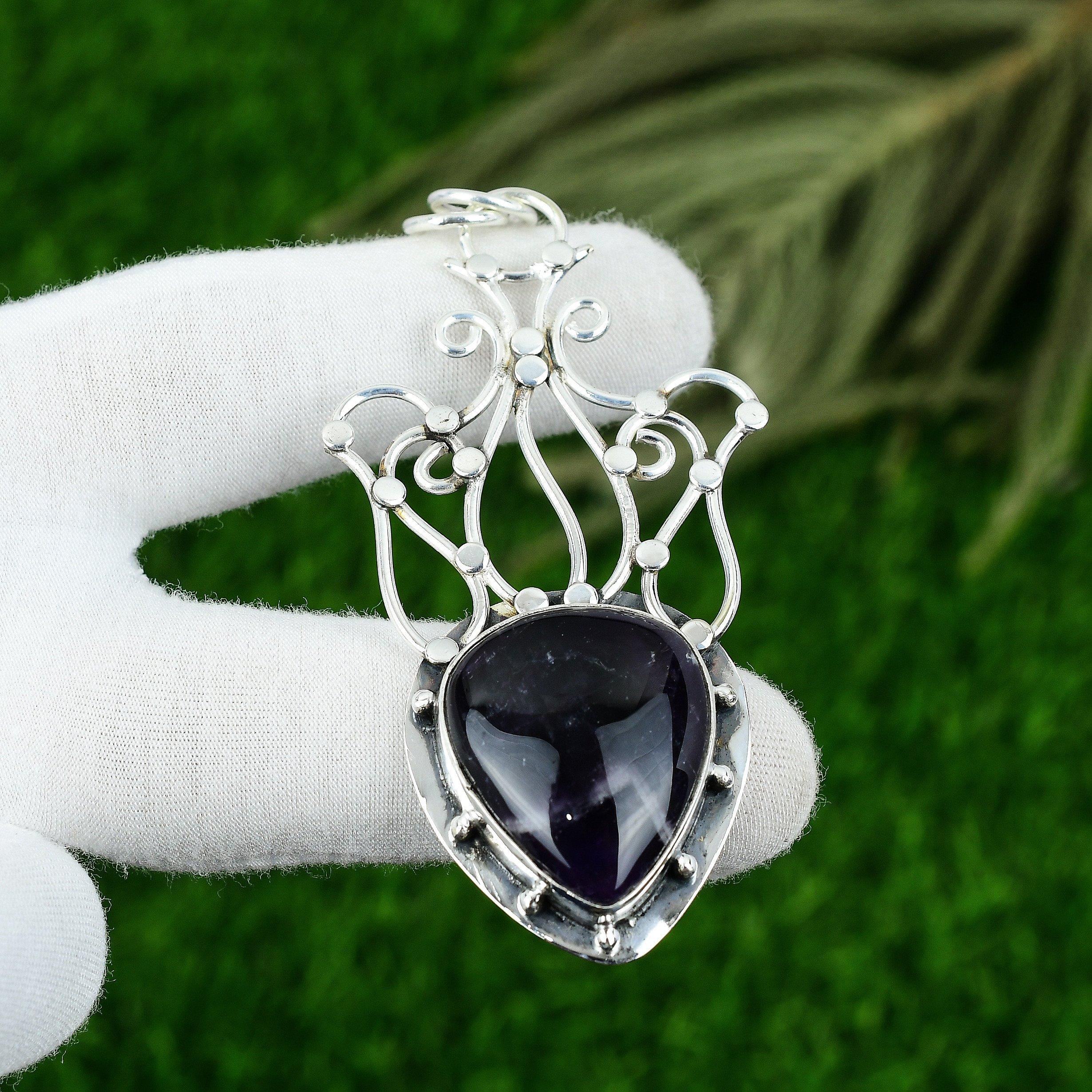 

925 Silver Pear Chevron Amethyst Stone Daughter Handcrafted Boho Pendant Jewelry