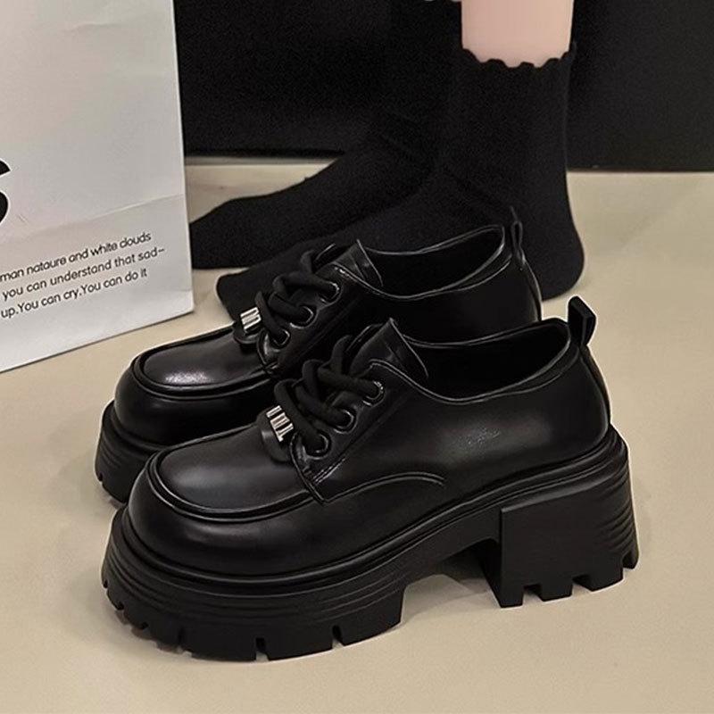 

British muffin shoes lace-up Mary Jane Loafer single shoes spring and autumn new French small man platform small leather shoes 35