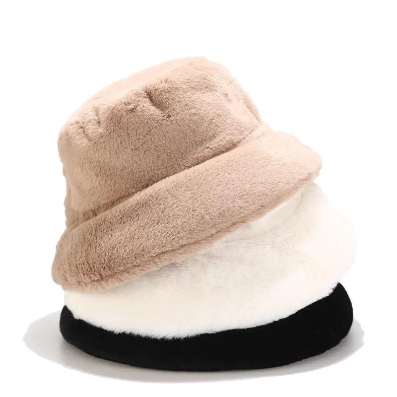 Women Fashion Warm Faux Fur Winter Hats Outdoor Sunscreen Bucket Hat Female Fashion Solid Color Caps Fashion Accessories