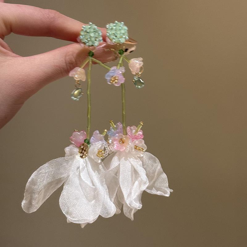 Glass Bead Chiffon Flower Fringed Stud Earrings Spring Small Fresh and Sweet Earrings Simple Design Earrings Women