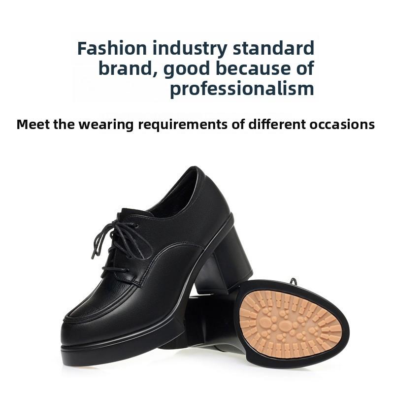 Women's High-heeled Black Work Shoes, Chunky Heel Work Shoes, Lace-up Single Shoes, Deep-cut Spring and Autumn Women's Shoes