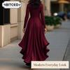 Moda damă primăvară toamnă imprimeu culoare uni mâneci lungi cu decolteu în V rochii casual