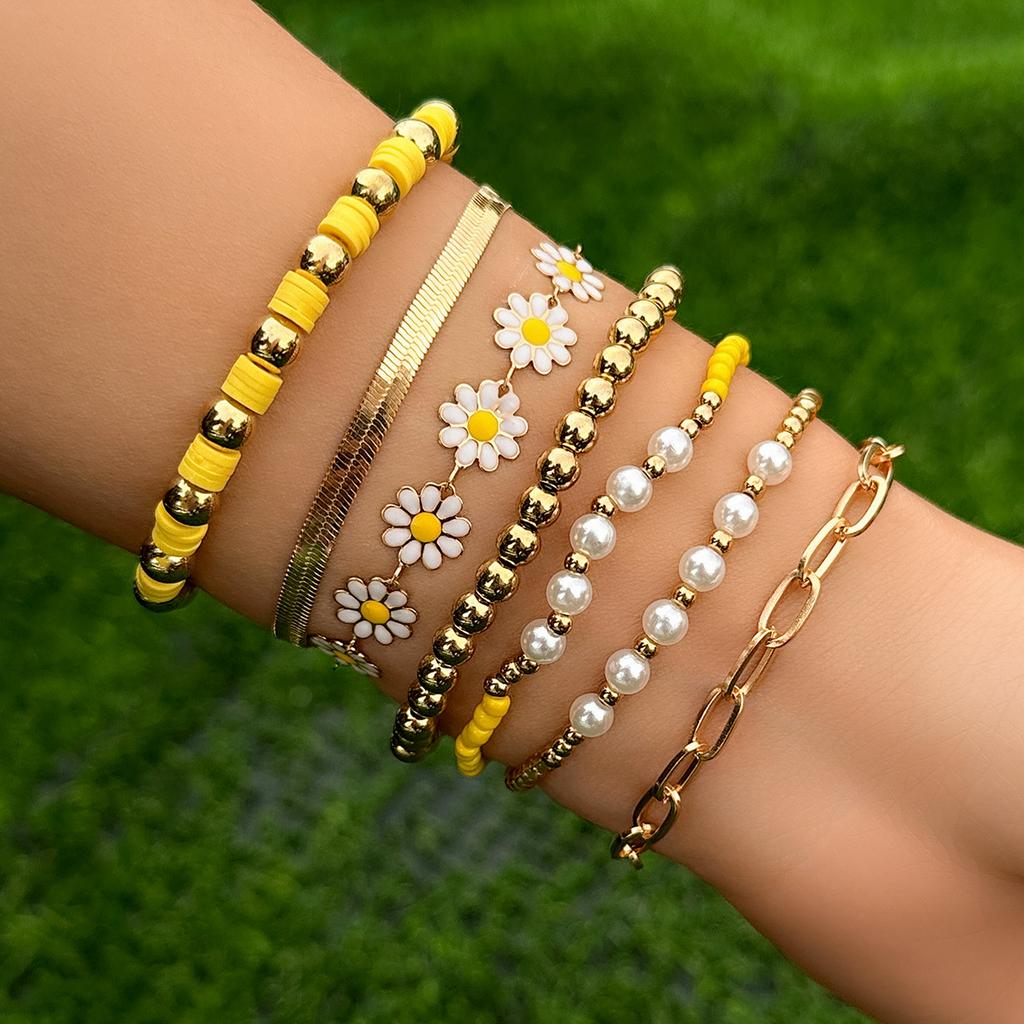 7Pcs/Set Kpop Sunflower Flat Snake Chain Bracelets for Women Trendy CCB Beads Charm Bangles Couple Friends Jewelry Accessories