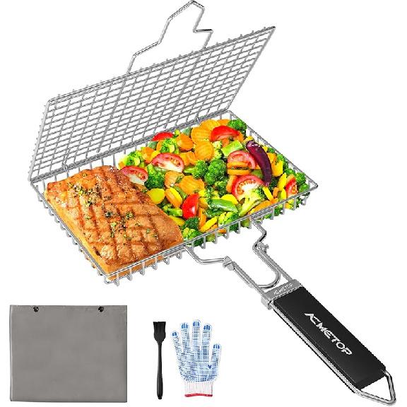 ACMETOP Portable BBQ Grill Basket Stainless Steel Fish Grill Basket with Removable Handle, Grilling Accessories for Outdoor Grill Vegetables Fishes Thick Grill Basket