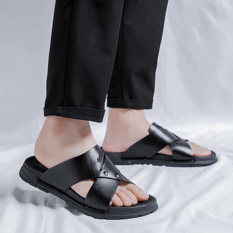 MódaLéto Pánské Sandály z Pravé Kůže Venkovní Plážové Sandály Gumová Podrážka Měkké Černé Pantofle se Silnou Podrážkou Pánské Římské Sandály