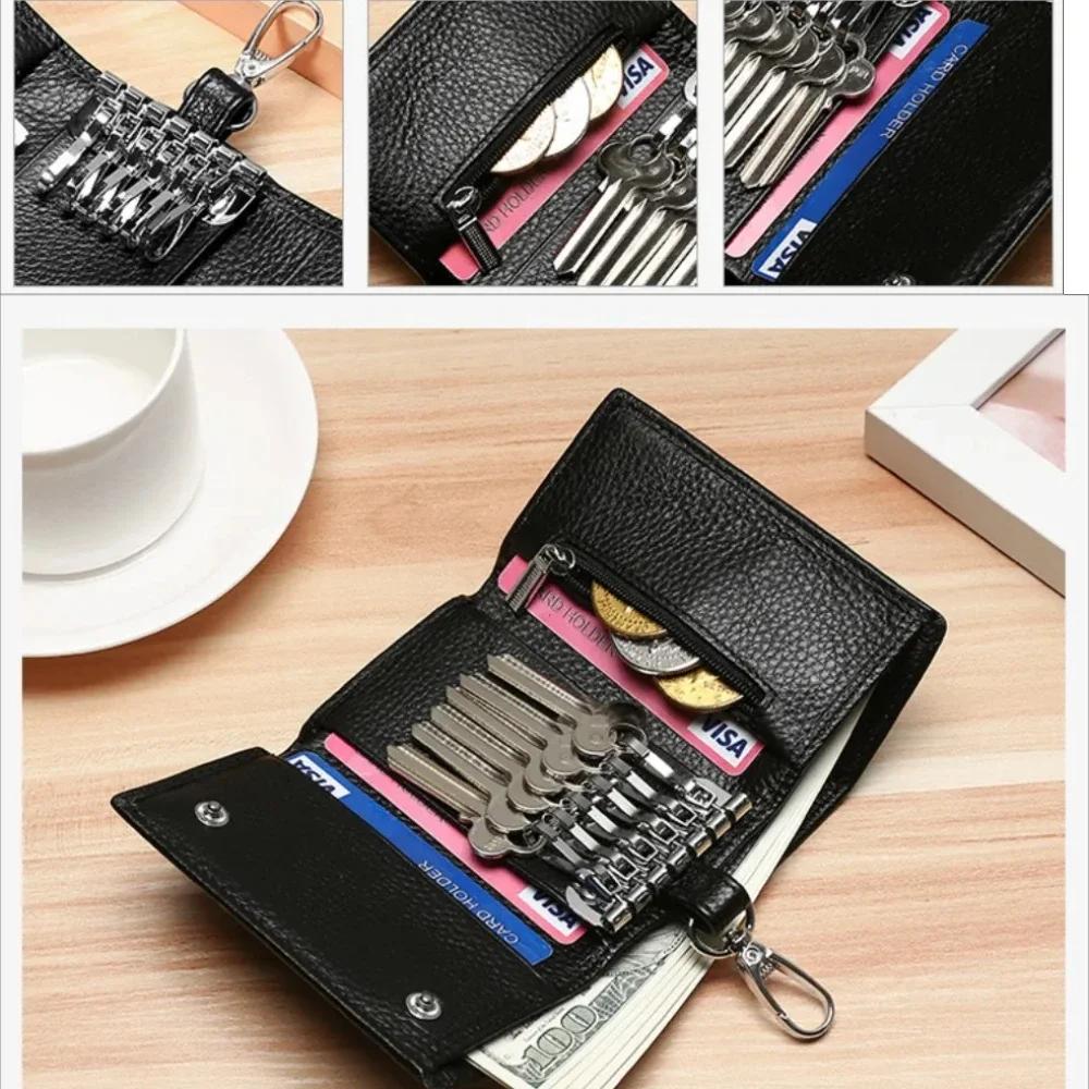 Key Holder Wallet Genuine Leather Unisex Solid Key Wallet Organizer Bag Car Housekeeper Wallet Card Holder Keychain Leather