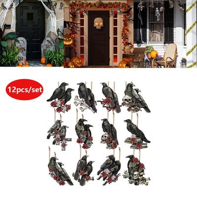 Glitter Black Crow Hanging Decoration Spooky Black Wooden Sign Crow Decoration Hanging Ornaments Halloween Wooden Hanging